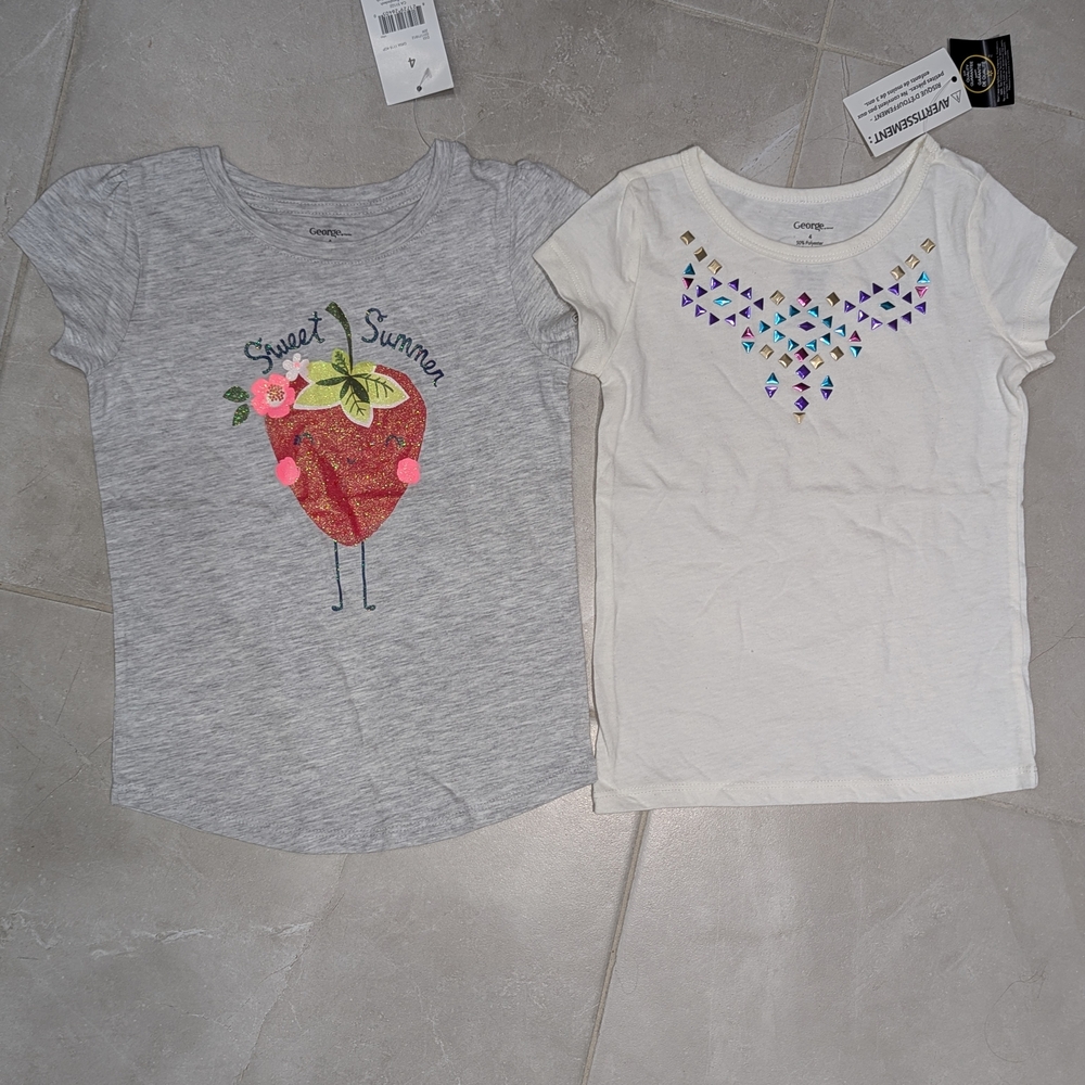 5/$35 George Kids Gray and White T-Shirts - Strawberry and Geometric Design